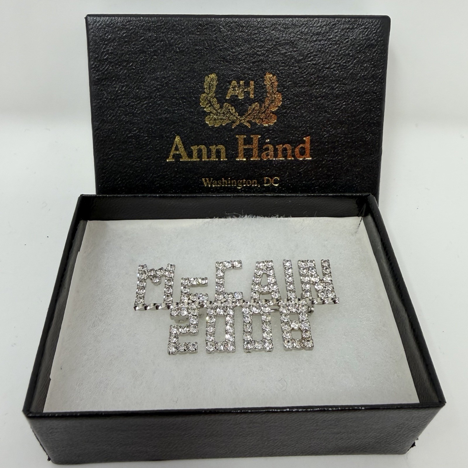 Ann Hand Mccain 2008 Presidential Campaign Crystal Text Brooch Silver Tone Boxed